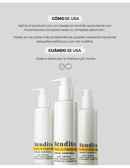Bendito DMAE & Péptidos 200ML. Serum Corporal Reafirmante y Anticelulítico con DMAE, Péptidos y Cafeína